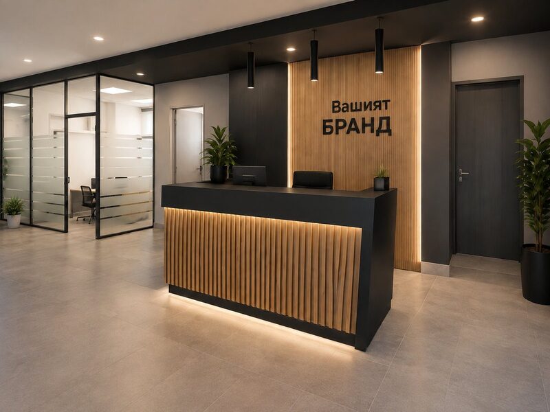 Рецепция с ламелен фронт и скрито осветление – офис обзавеждане по проект